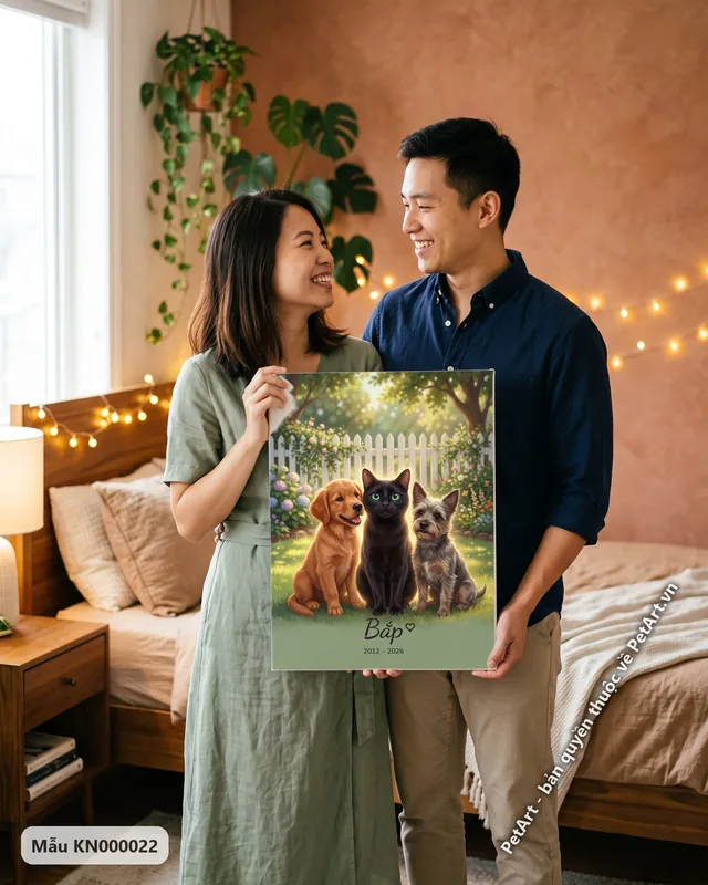 Chó mèo đoàn tụ, tranh vườn cây xanh · ảnh thực tế
