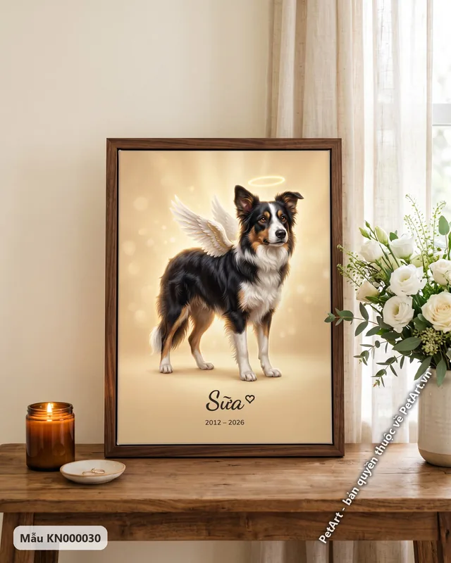 Chó Border Collie thiên thần, có cánh và vầng hào quang · góc khác