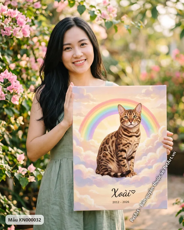 Mèo Bengal ngồi trên mây, cầu vồng rực rỡ · ảnh thực tế
