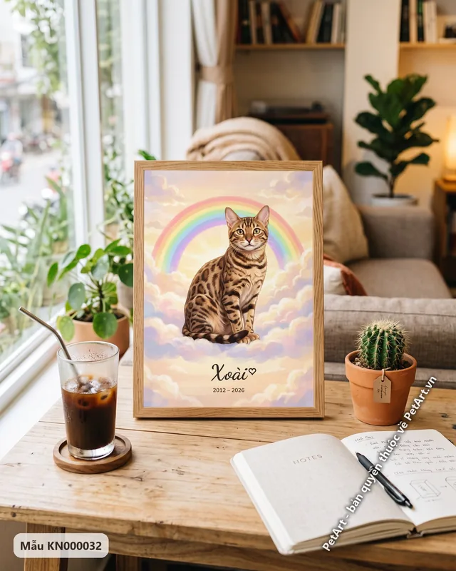 Mèo Bengal ngồi trên mây, cầu vồng rực rỡ · góc khác