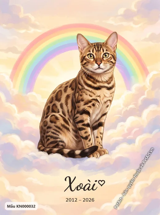 Mèo Bengal ngồi trên mây, cầu vồng rực rỡ · ảnh tranh