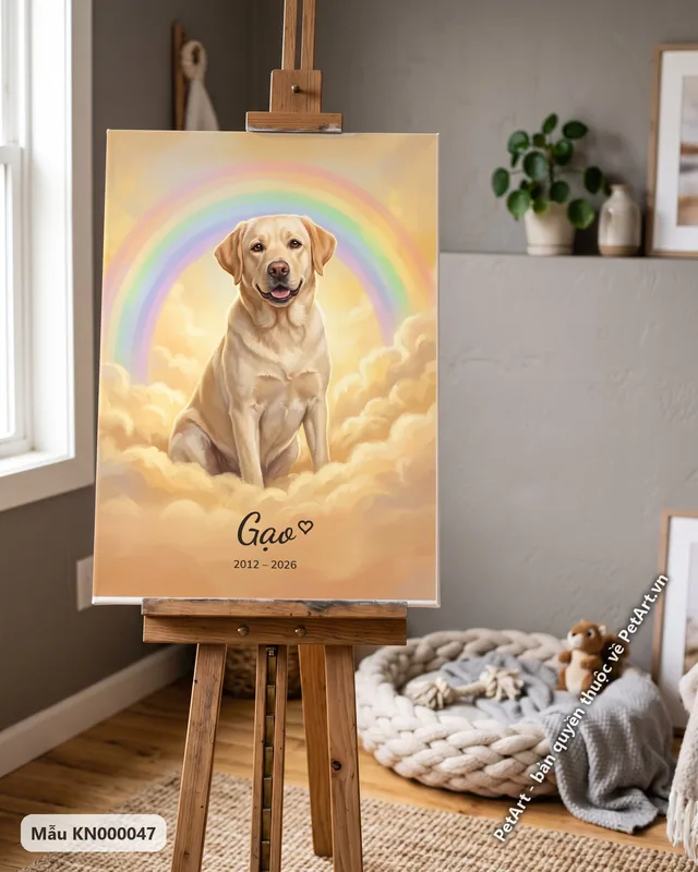 Chó Labrador ngồi trên mây, tranh cầu vồng · ảnh thực tế