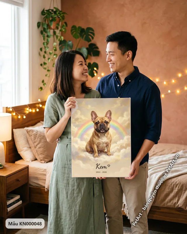 Chó Bull Pháp ngồi mây, tranh cầu vồng · ảnh thực tế
