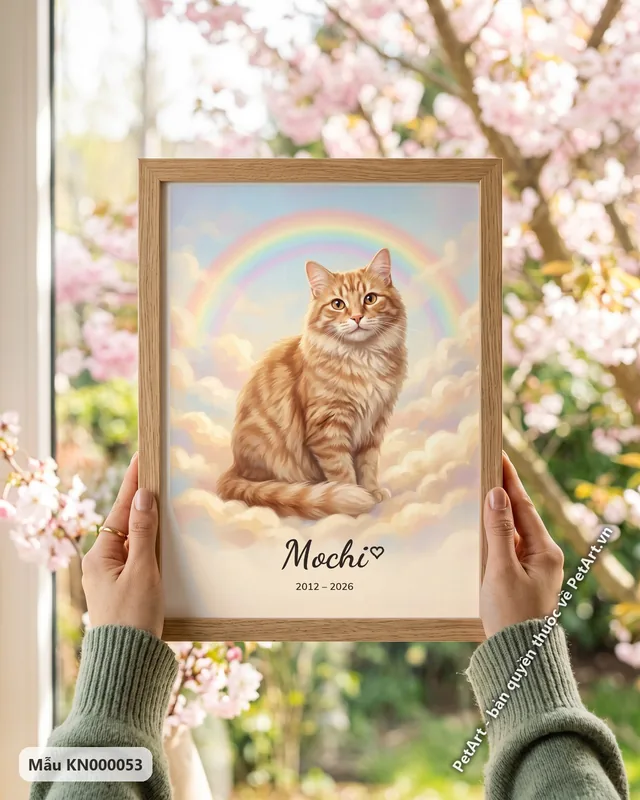 Mèo mướp cam ngồi mây dưới cầu vồng rực rỡ · góc khác