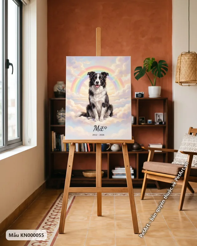 Tranh cầu vồng chó Border Collie ngồi mây · ảnh thực tế