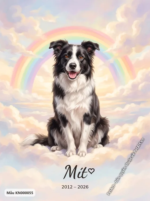 Tranh cầu vồng chó Border Collie ngồi mây · ảnh tranh