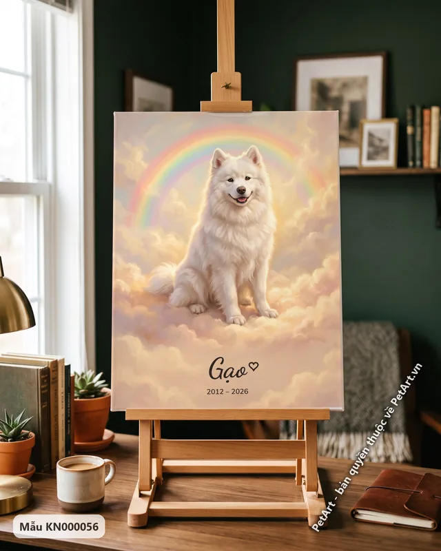 Tranh cầu vồng chó Samoyed trắng ngồi mây · góc khác