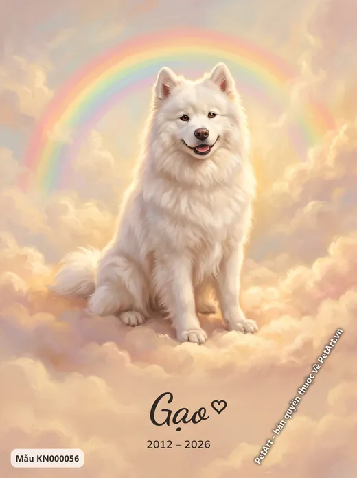 Tranh cầu vồng chó Samoyed trắng ngồi mây · ảnh tranh