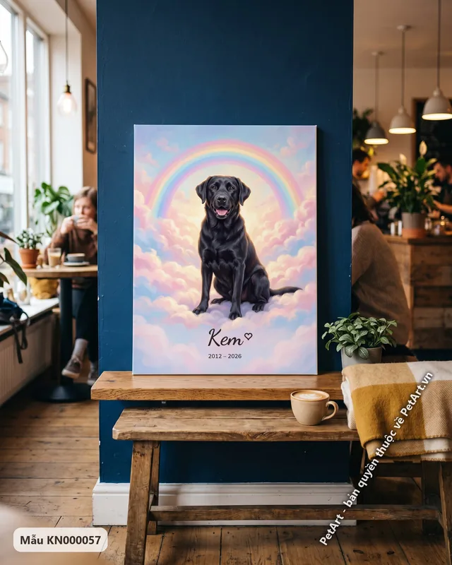 Tranh cầu vồng chó Labrador đen ngồi mây · ảnh thực tế