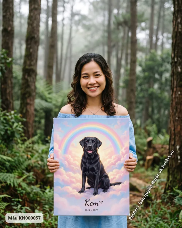 Tranh cầu vồng chó Labrador đen ngồi mây · góc khác