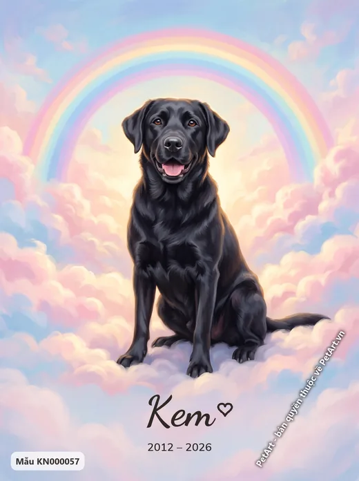 Tranh cầu vồng chó Labrador đen ngồi mây · ảnh tranh