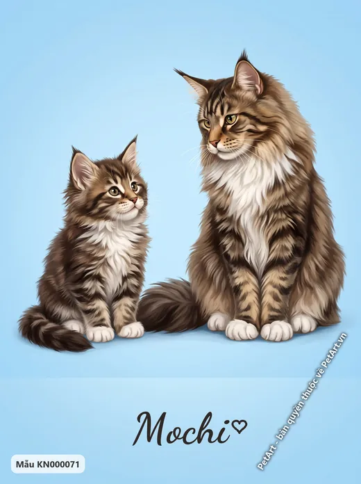 Mèo Maine Coon mẹ con, nền xanh hành trình trưởng thành · ảnh tranh