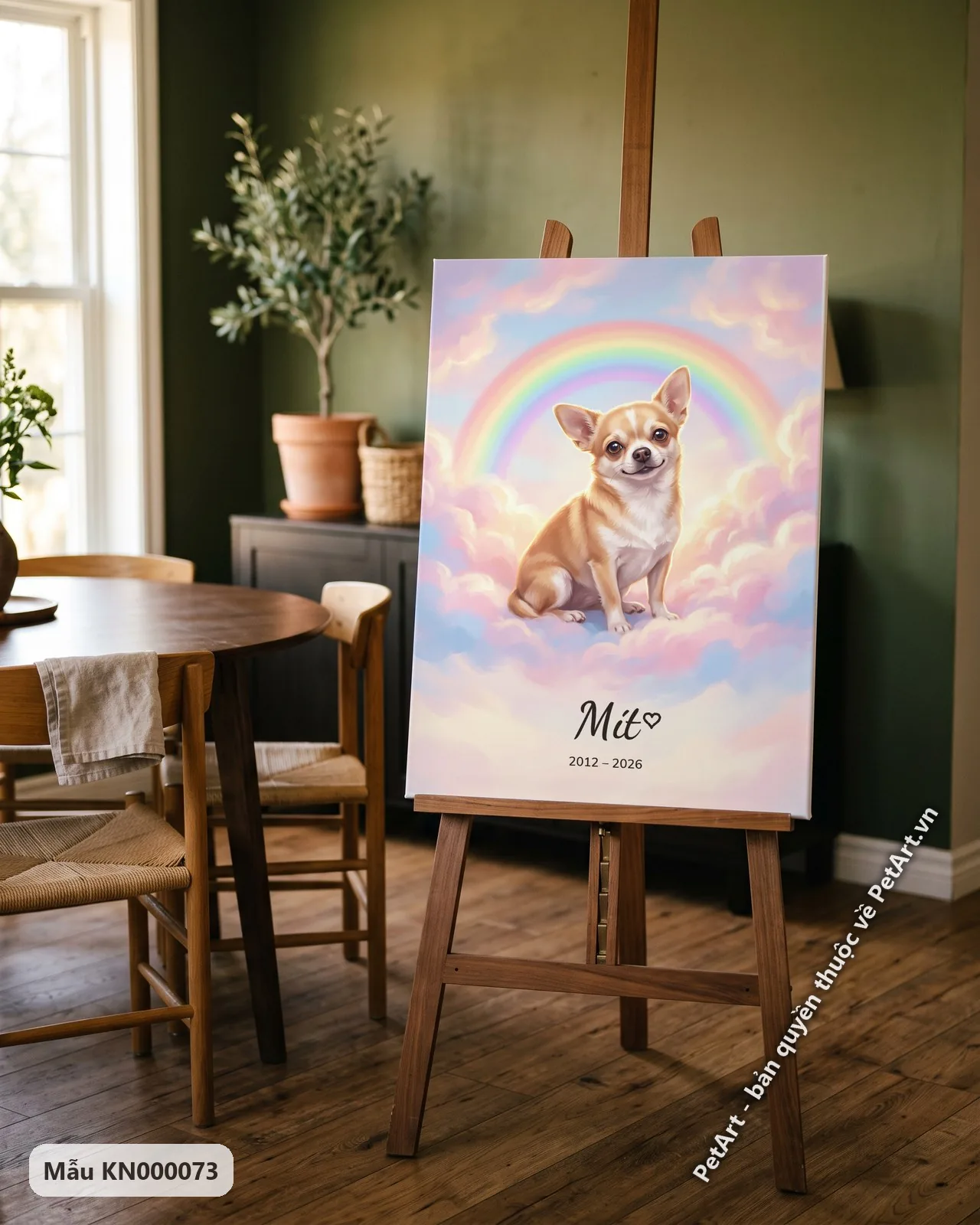 Ảnh thực tế: Chú chó Chihuahua màu vàng trắng đang ngồi trên những đám mây hồng tím, phía sau là cầu vồng rực rỡ.