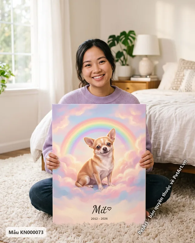 Chihuahua ngồi trên mây, cầu vồng rực rỡ · góc khác