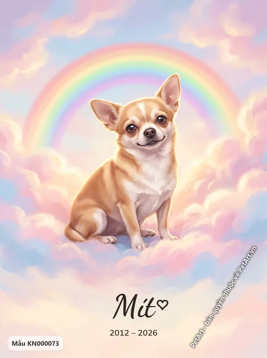 Chihuahua ngồi trên mây, cầu vồng rực rỡ · ảnh tranh