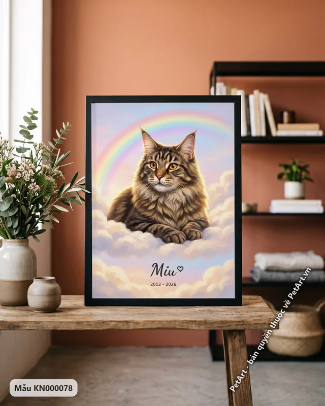 Mèo Maine Coon trên mây, cầu vồng, phong cách Rainbow Bridge · góc khác
