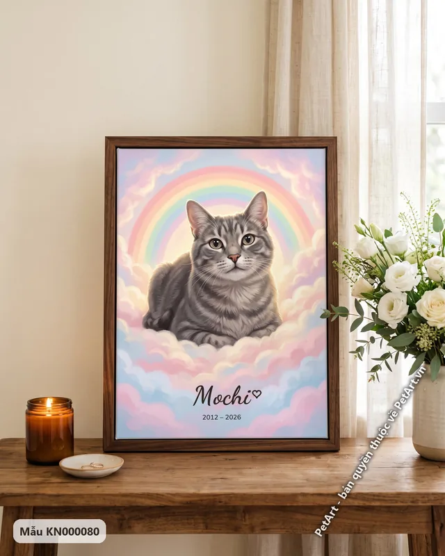 Mèo mướp xám trên mây, cầu vồng, phong cách Rainbow Bridge · góc khác