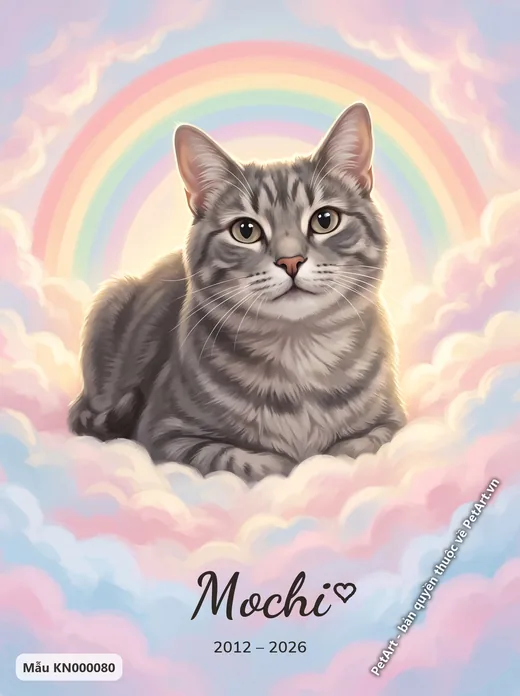 Mèo mướp xám trên mây, cầu vồng, phong cách Rainbow Bridge · ảnh tranh