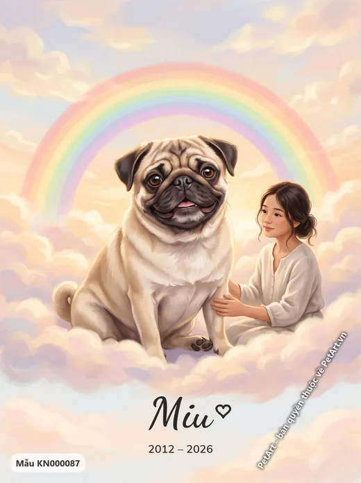 Chó Pug và bé gái trên cầu vồng · ảnh tranh