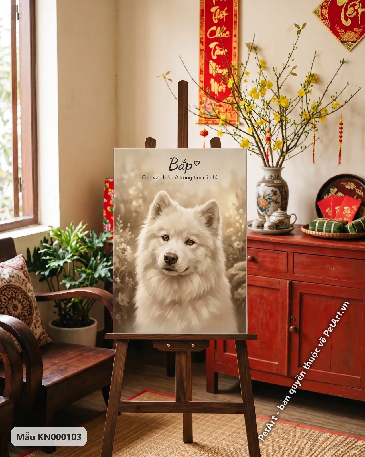 Ảnh thực tế: Chân dung chú chó Samoyed trắng muốt với đôi mắt nâu, giữa khung cảnh đồng hoa vàng nhạt.