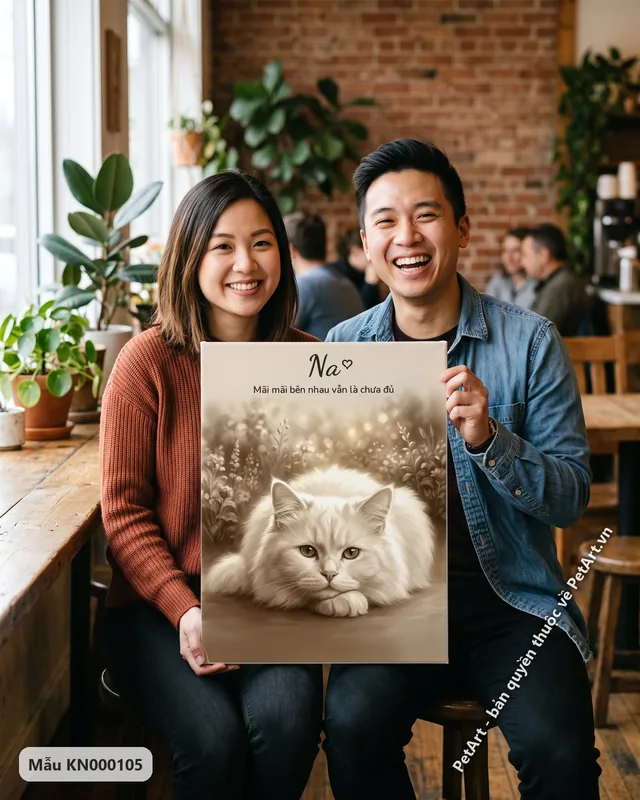 Tranh tưởng nhớ mèo Ba Tư trắng nằm, nền hoa · góc khác