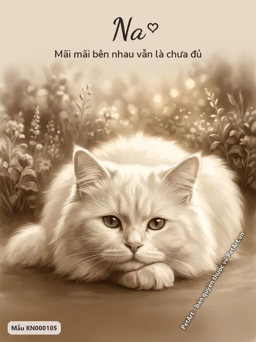 Tranh tưởng nhớ mèo Ba Tư trắng nằm, nền hoa · ảnh tranh