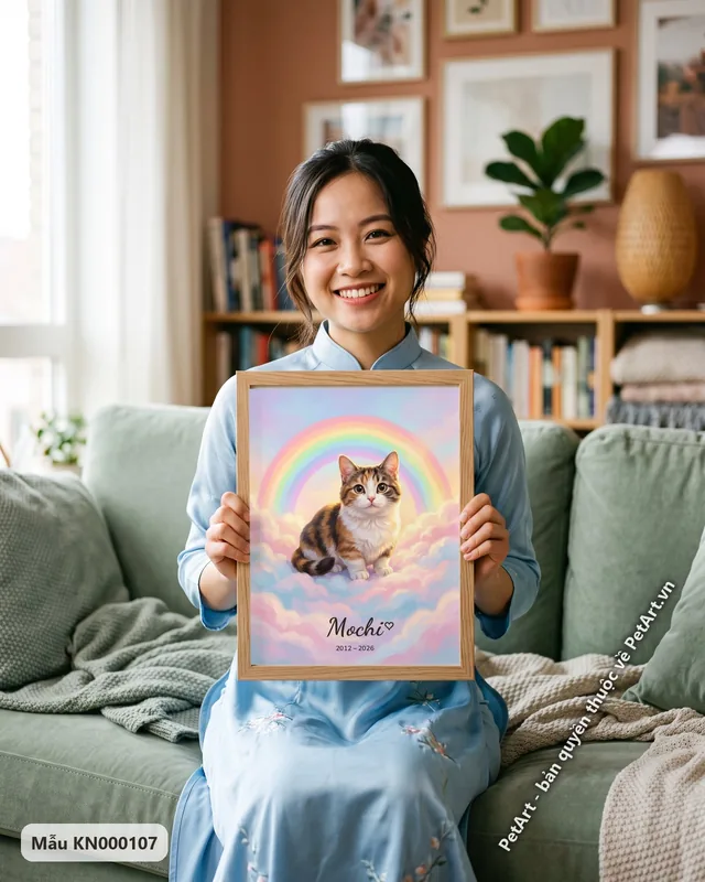 Tranh cầu vồng mèo chân ngắn tam thể, trên mây · góc khác