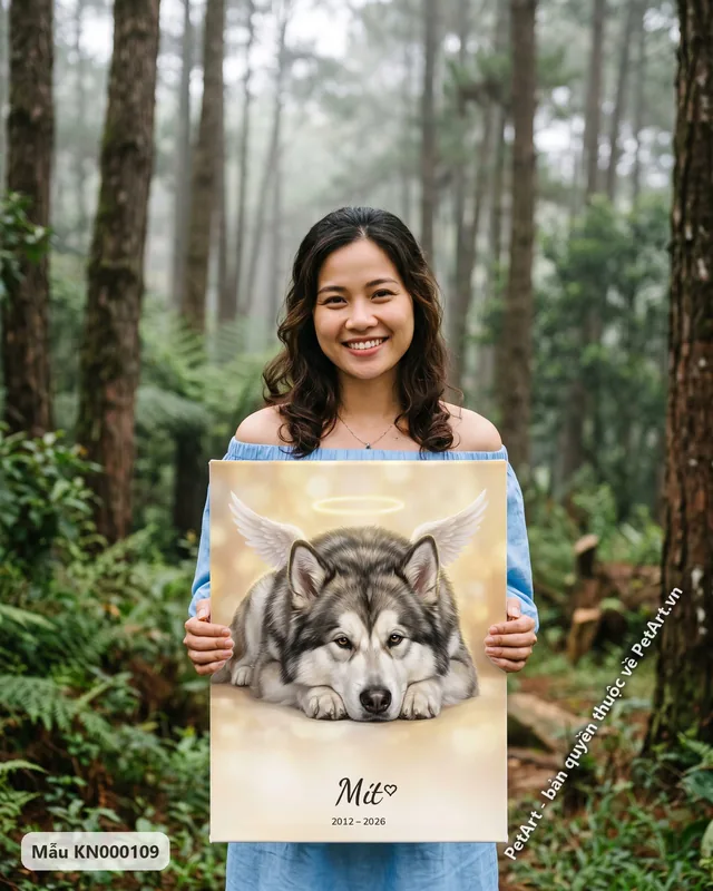 Tranh thiên thần chó Alaska nằm, có cánh, hào quang · góc khác