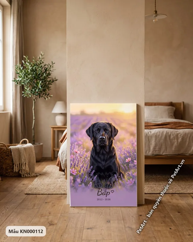 Labrador đen thiền định trong vườn oải hương · góc khác