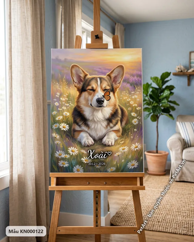 Chó Corgi nằm giữa vườn cúc trắng · góc khác