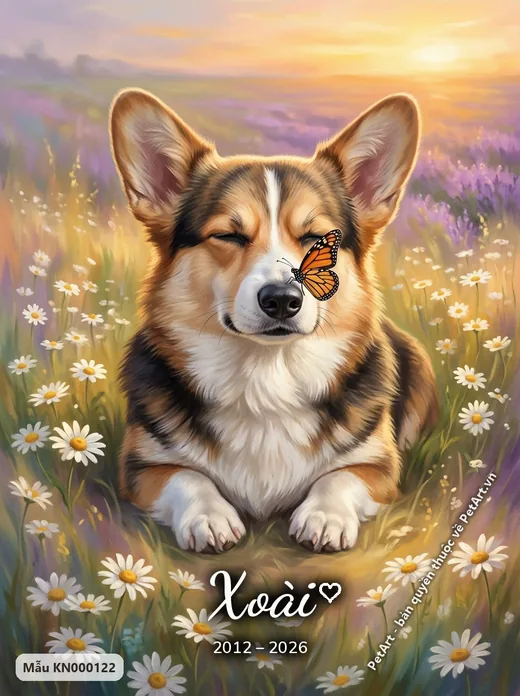 Chó Corgi nằm giữa vườn cúc trắng · ảnh tranh