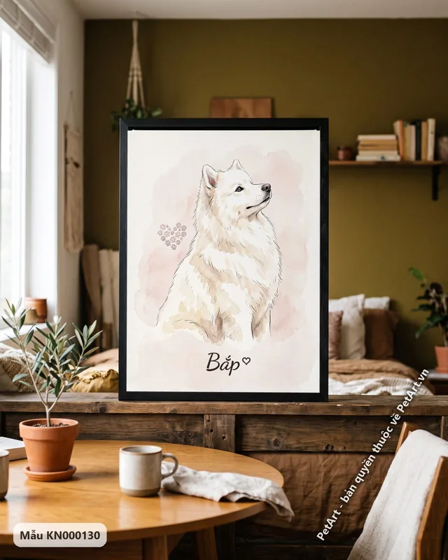Chó Samoyed trắng thanh lịch, tranh màu nước dấu chân · góc khác