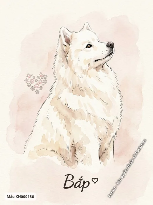 Chó Samoyed trắng thanh lịch, tranh màu nước dấu chân · ảnh tranh