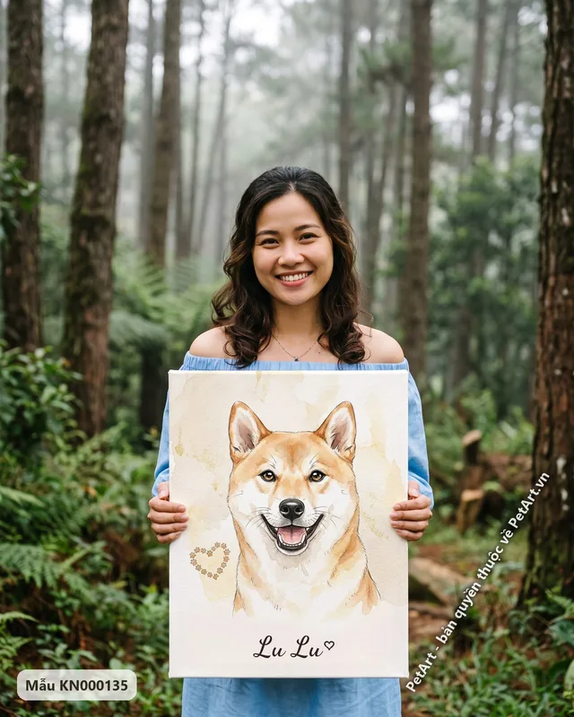Chó Shiba cười tươi, tranh màu nước dấu chân · góc khác