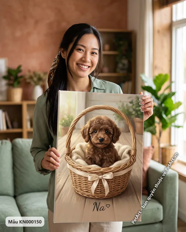 Chó Poodle nâu trong giỏ, phong cách ngày đầu gặp nhau · ảnh thực tế