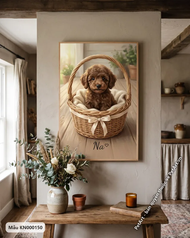 Chó Poodle nâu trong giỏ, phong cách ngày đầu gặp nhau · góc khác