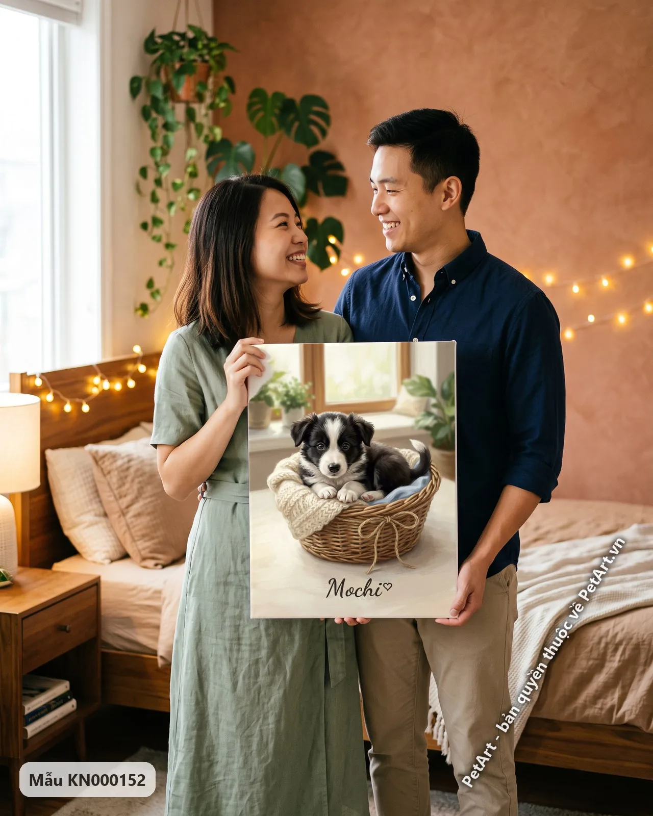 Ảnh thực tế: Chú chó Border Collie con đen trắng ngồi trong giỏ mây lót chăn, cạnh cửa sổ, nền nhà sáng sủa.