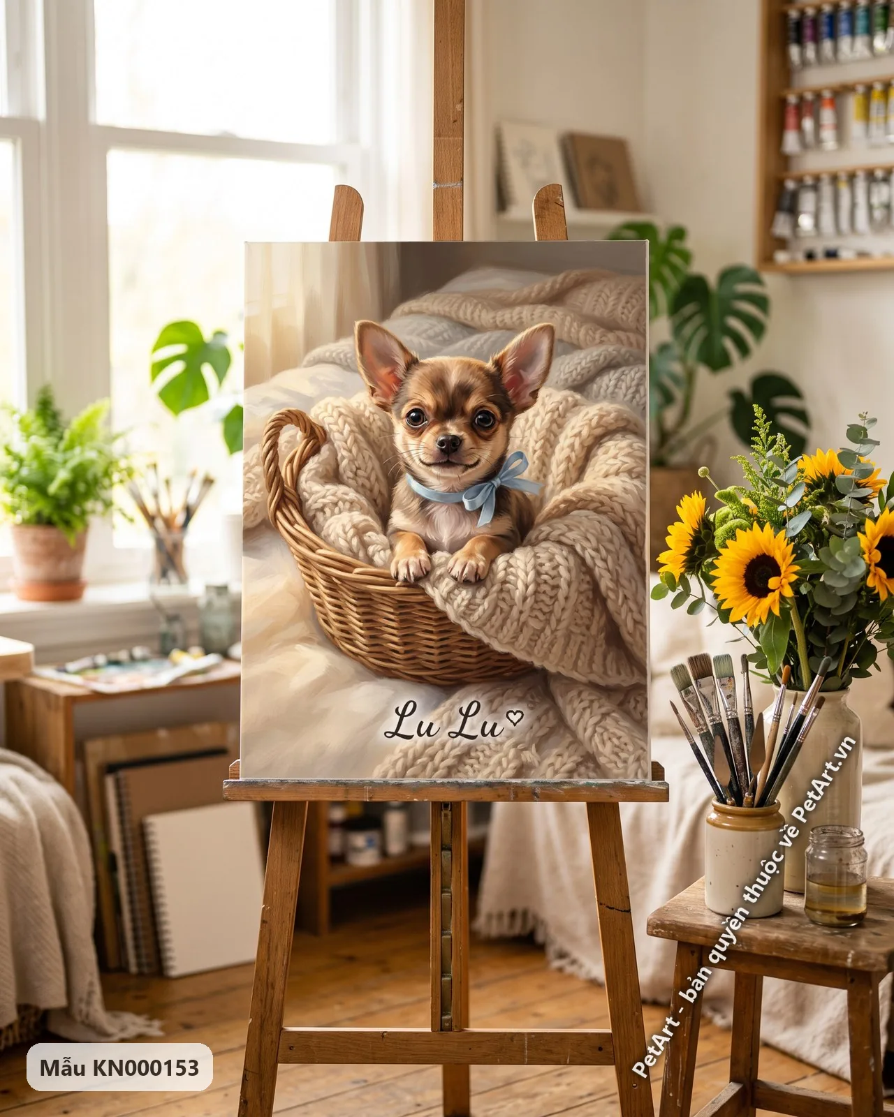 Ảnh thực tế: Chú chó Chihuahua con đáng yêu với bộ lông nâu trắng, đeo nơ xanh, ngồi gọn trong giỏ mây lót chăn len ấm áp.