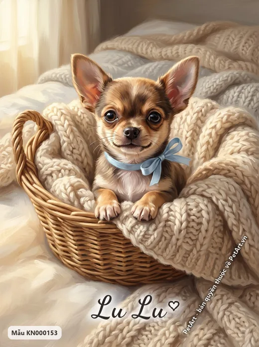 Chó Chihuahua con đeo nơ xanh trong giỏ · ảnh tranh