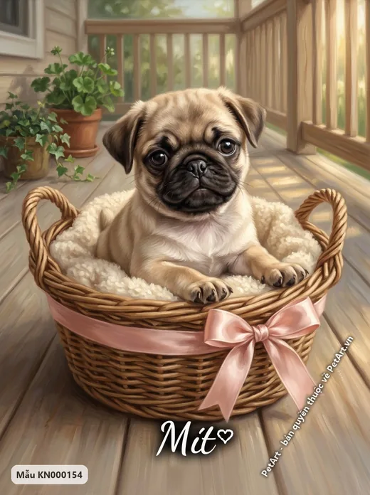 Chó Pug con ngồi giỏ mây trên hiên nhà · ảnh tranh