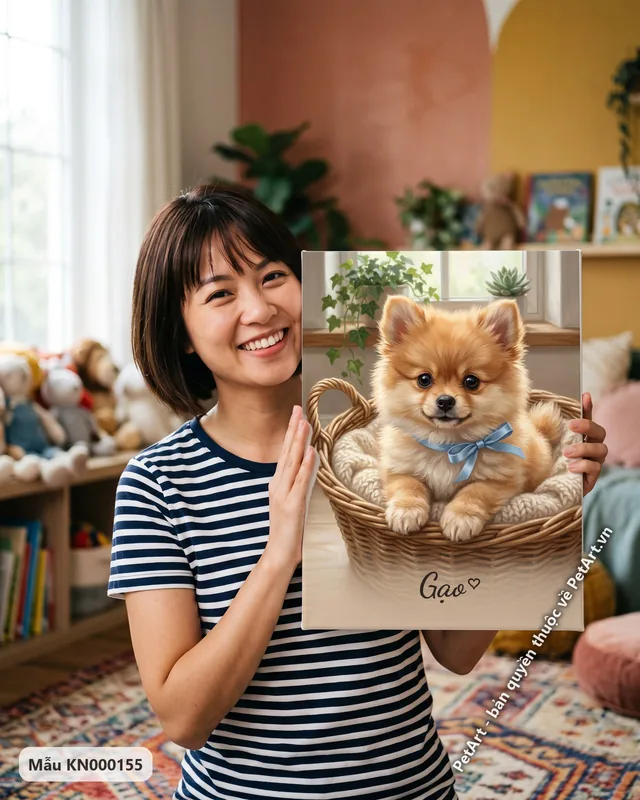 Chó Phốc sóc con đeo nơ xanh trong giỏ · góc khác