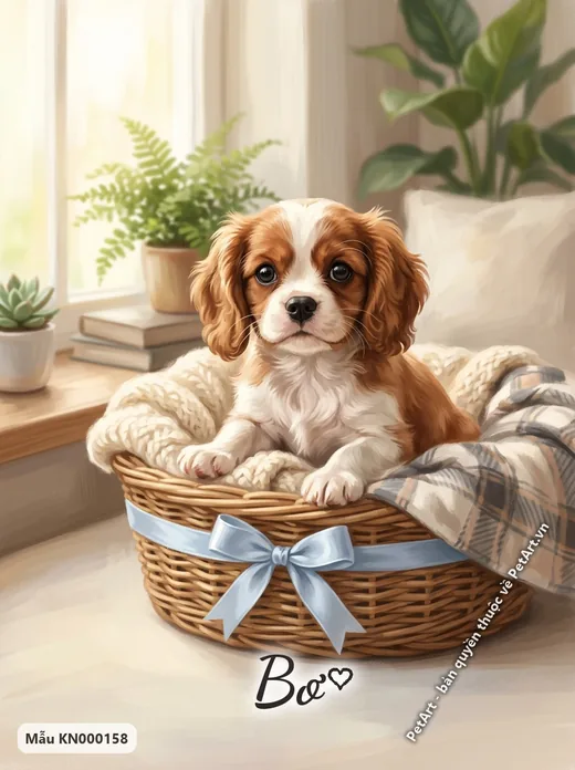 Chó Cavalier con ngồi giỏ mây cạnh cửa sổ · ảnh tranh