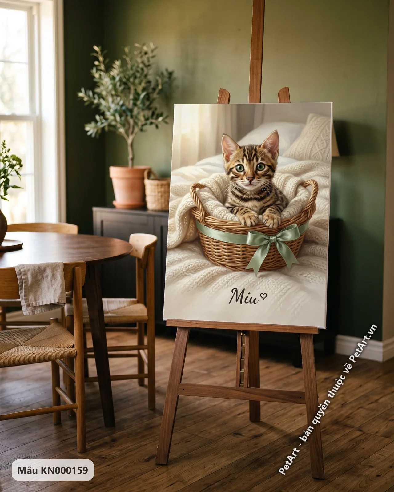 Ảnh thực tế: Chú mèo Bengal con lông vằn đặc trưng, ngồi trong giỏ mây lót chăn len, giỏ trang trí nơ xanh lá.