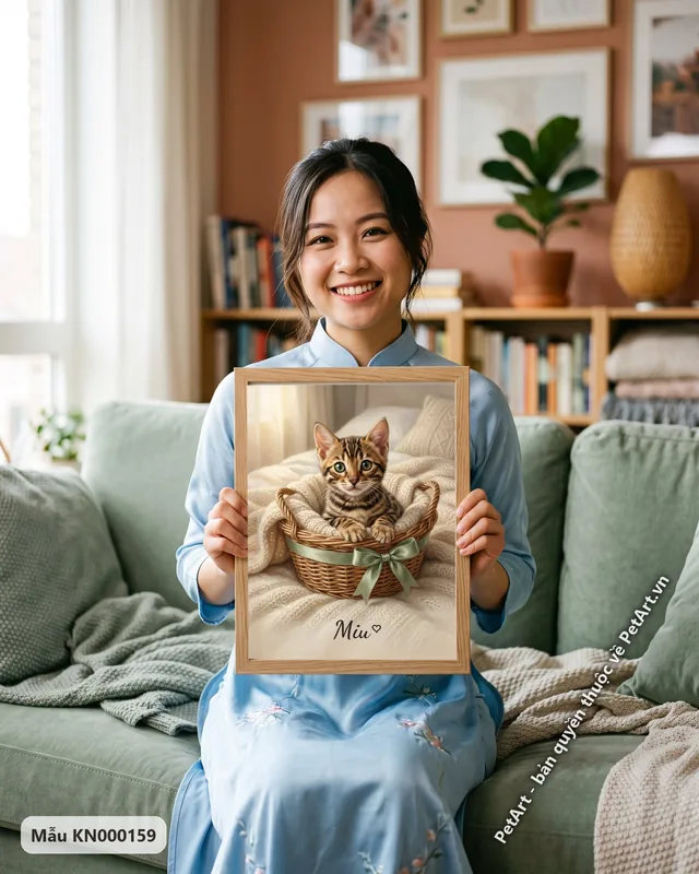 Mèo Bengal con ngồi giỏ mây trên giường · góc khác