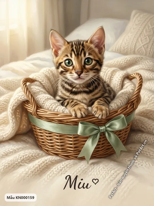 Mèo Bengal con ngồi giỏ mây trên giường · ảnh tranh