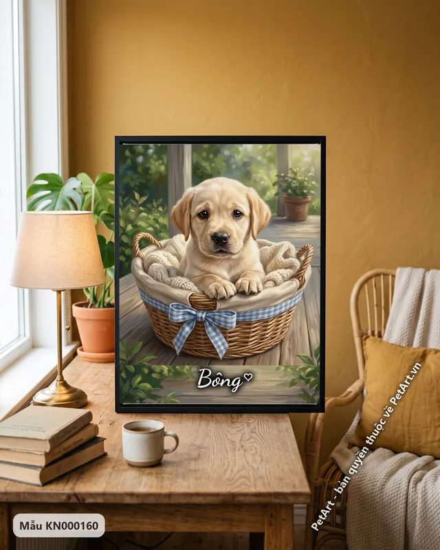 Chó Labrador vàng con ngồi giỏ mây hiên nhà · góc khác