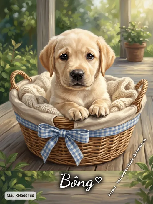 Chó Labrador vàng con ngồi giỏ mây hiên nhà · ảnh tranh