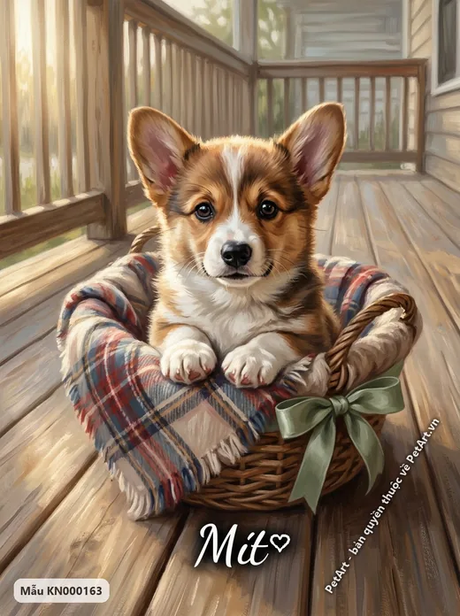 Chó Corgi con trong giỏ, phong cách Ngày đầu · ảnh tranh