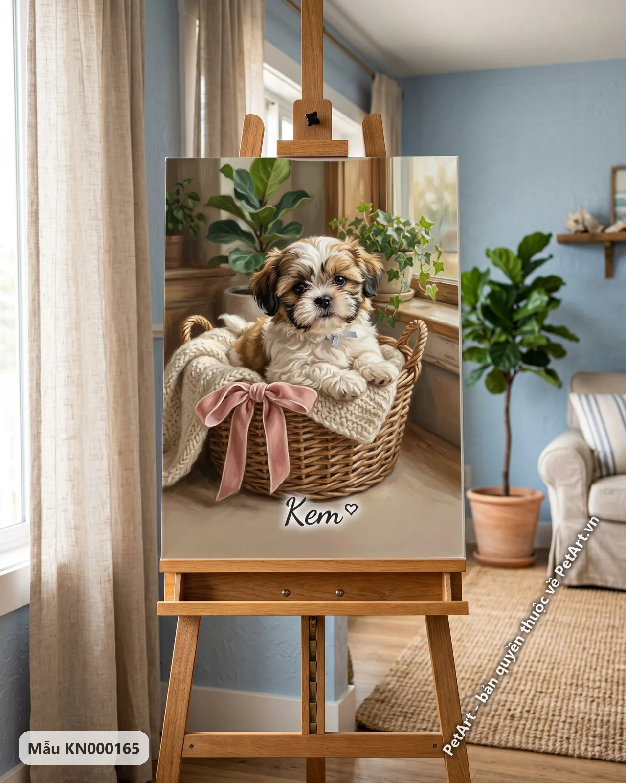 Ảnh thực tế: Chó con Shih Tzu nâu trắng đáng yêu ngồi trong giỏ mây lót chăn len, bên cửa sổ đầy cây xanh.