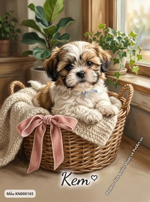 Chó Shih Tzu con trong giỏ, phong cách Ngày đầu · ảnh tranh